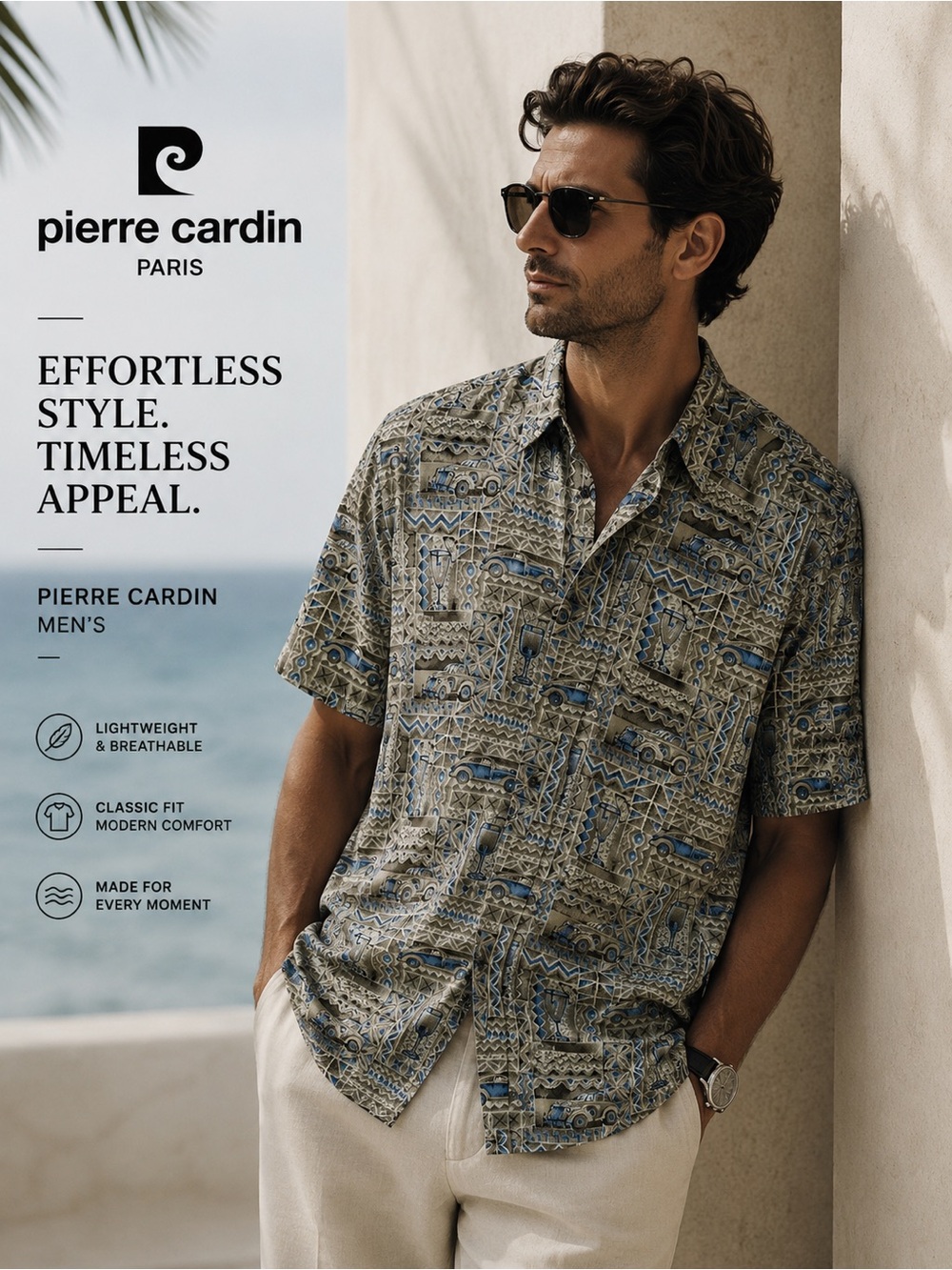 Pierre Cardin Short-Sleeve Patterned Casual Shirt in Blue and Tan 100% COTTON